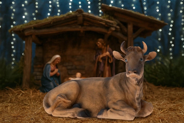 Polyresin kerststalfiguur van een koe 38 cm