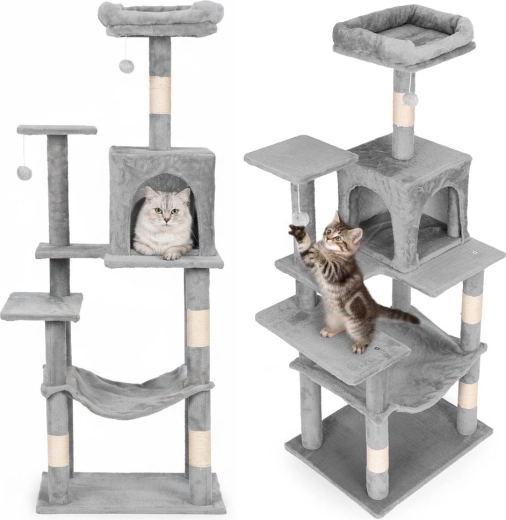 Krabpaal voor katten 146 cm met huisje en hangmat PETSI, grijs