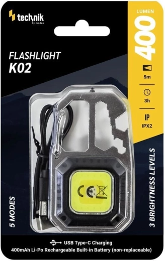 Technik MT-K02 sleutelhanger COB LED werklamp met karabijnhaak en USB‑C, 400 lm