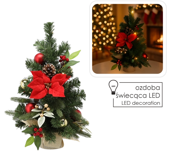 Decoratieve kerstboom met 15 LED, 50 cm, rood-goud - 1 stuk