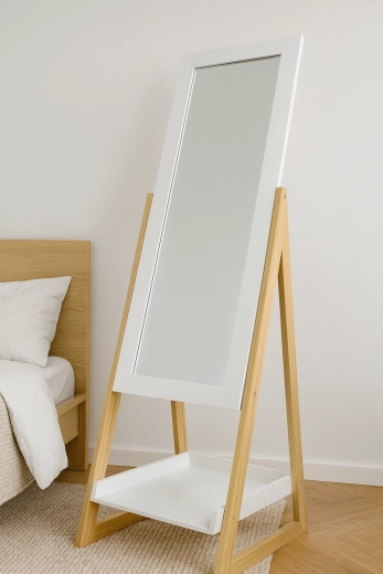 Staande spiegel met houten poten en plank 40 × 36 × 150 cm