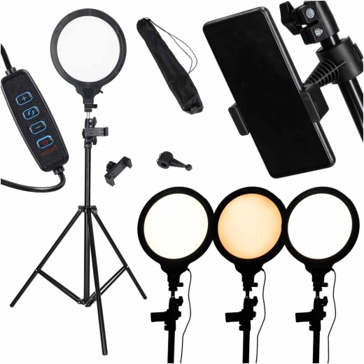 LED ringlamp op statief met telefoonhouder, 3 lichtkleuren
