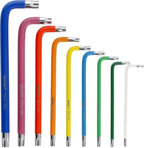 Kleurenset verlengde TORX-sleutels T10–T50 met gat en magnetische punt, 9-delig