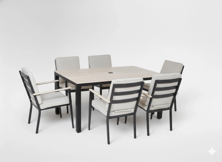 Aluminium tuin-eetset met tafel en 6 stoelen in beige - 7 stuks