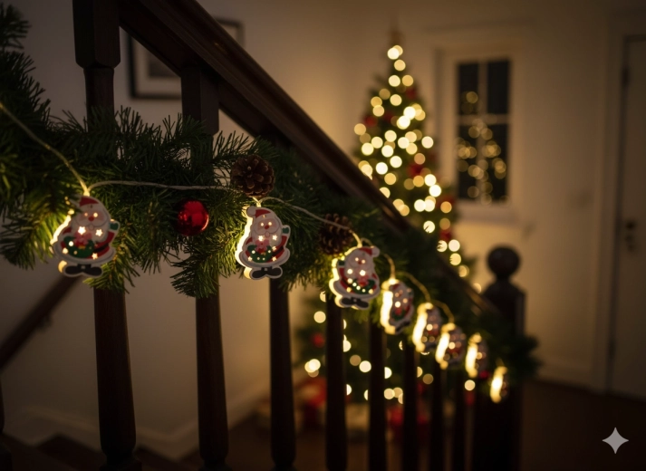 Houten kerst LED-slinger Santa, 10 lampjes op batterijen