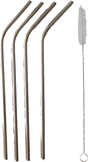 Gebogen rvs rietjes 21,5 cm (4 stuks) met reinigingsborsteltje