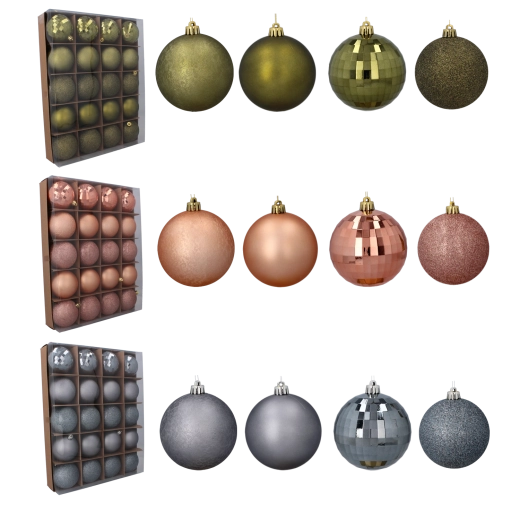 Set van 20 kerstballen 8 cm – olijfgroen, koper en grafiet, mix van afwerkingen