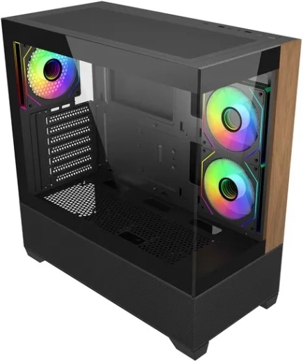 PC-behuizing Elite 690 wood met panoramisch glas en ARGB-ventilatoren
