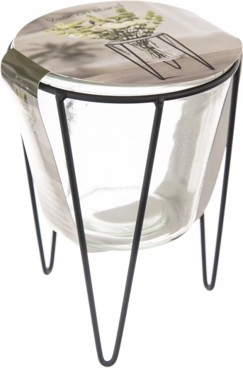 Decoratieve glazen vaas in metalen standaard 18 cm