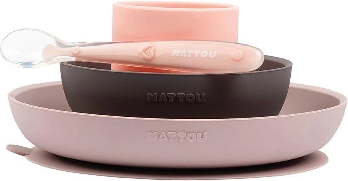 Nattou siliconen eetset 4 stuks, roze‑paars, BPA‑vrij