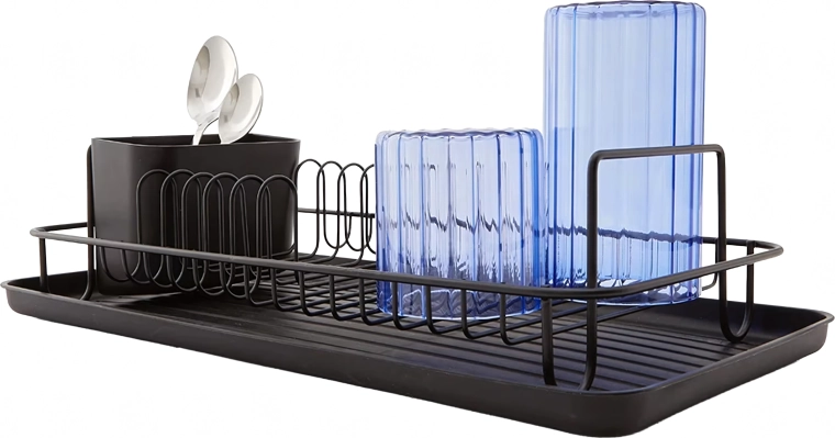 Afdruiprek voor vaatwerk met lekbak, zwart, groot, met bestekhouder