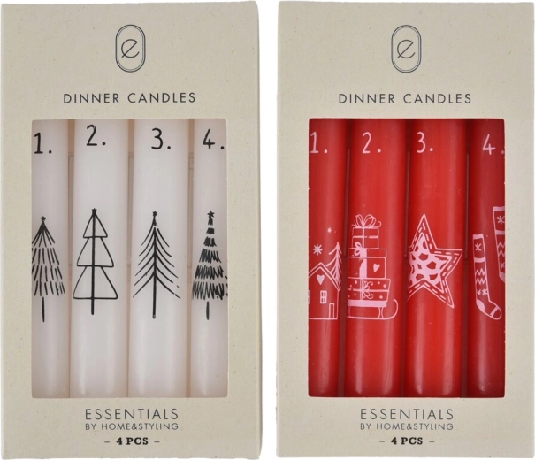 Set decoratieve kerstkaarsen met motief 16 cm, 4 stuks