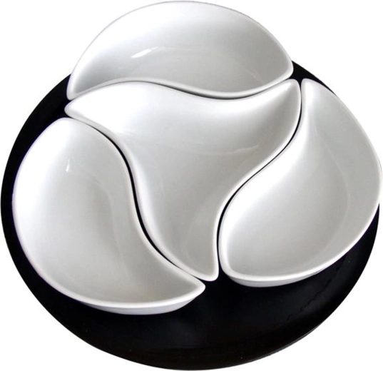 Set keramische schaaltjes Windmolen op draaibaar houten dienblad, 4 stuks