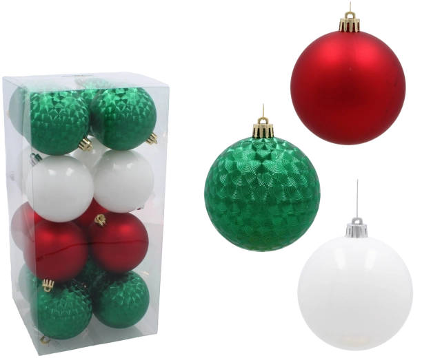 Set kerstballen 8 cm – rood, groen en wit (16 stuks)