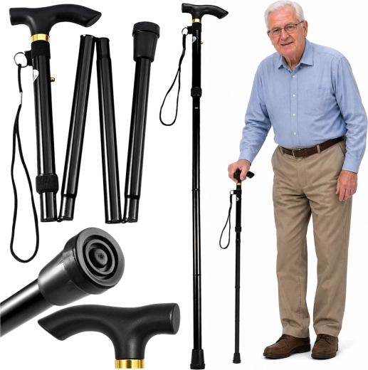 Opvouwbare telescopische wandelstok voor senioren, zwart 85–95 cm