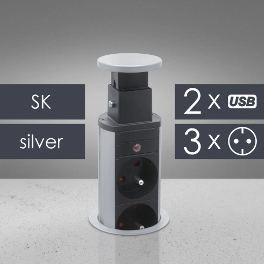 Inklapbaar tafelstopcontact met 3 stopcontacten en USB-poorten, zilver