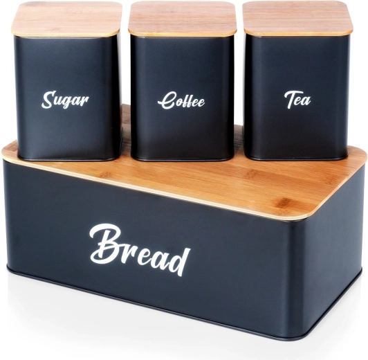 Zwarte metalen broodtrommel met bamboe deksel en set potten voor suiker, koffie en thee 4 stuks