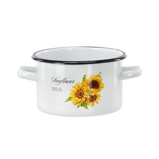 Geëmailleerde kookpan 2 l, 16 cm, wit met zonnebloem
