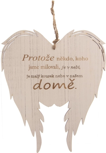 Houten engelenvleugels met opschrift „omdat iemand…“ 31 × 38 cm