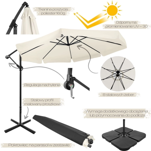 Opvouwbare XXL tuinparasol 350 cm met volant, beige, 8-delig inclusief waterdichte hoes