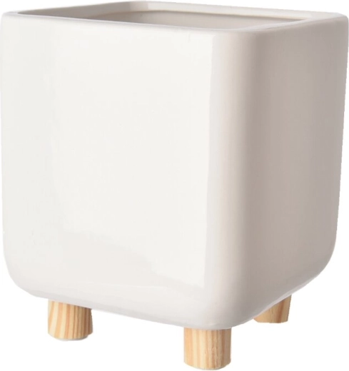 Witte keramische bloempot op houten pootjes 14 × 14 × 17 cm
