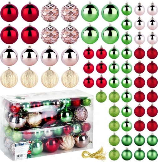 Onbreekbare kerstboomversiering 68 stuks, rood, roze, goud en groen, 8 en 5 cm