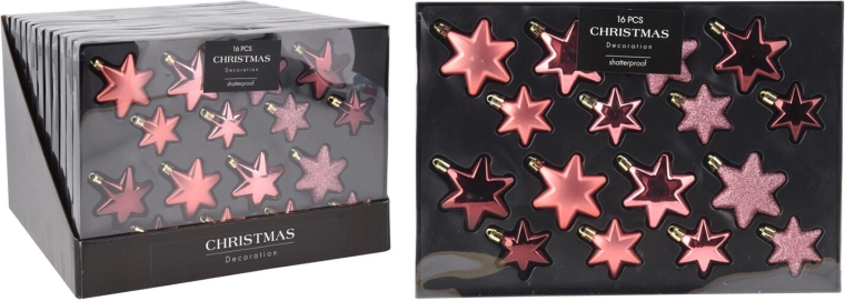 Kerstversieringen sterren roze mix 16 stuks