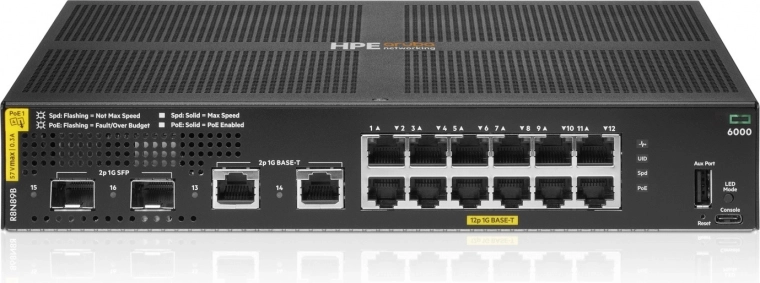 Aruba Networking CX 6000 beheerde switch 12× Gigabit PoE+ (Class 4) + 2× Gigabit + 2× SFP, 139 W (R8N89B)