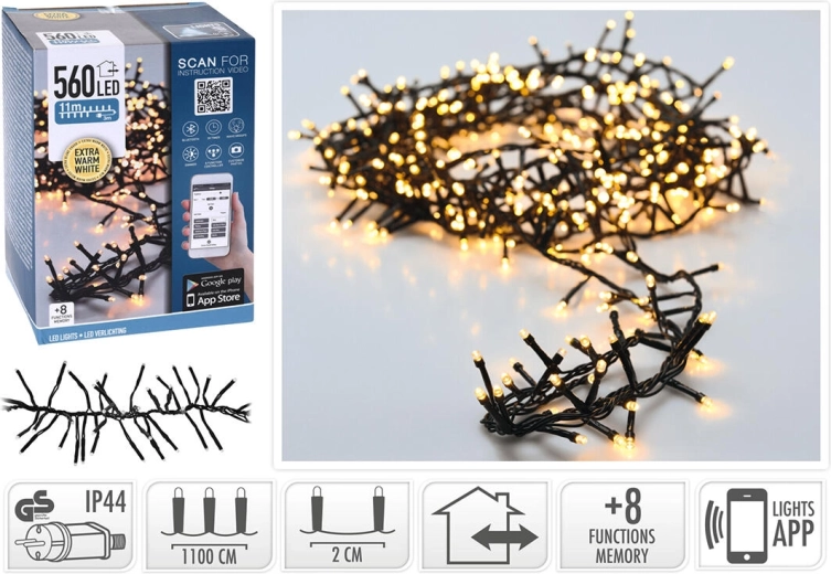 Kerst LED-snoer 11 m, 560 lampjes, warm wit, bediening via app, 8 modi