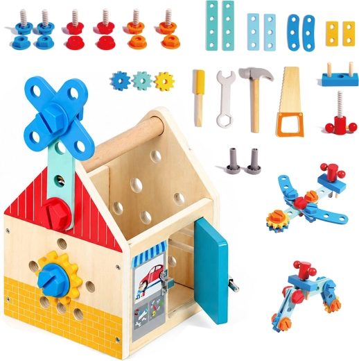 Houten huisje met gereedschap voor klussers ECOTOYS