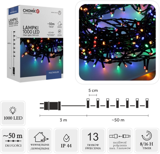 LED kerstlichtsnoer 1000 diodes multicolor 50 m, binnen/buiten - 1 stuk