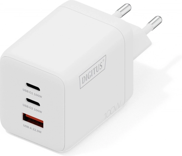 Wandlader USB GaN 100 W, 2× USB‑C en 1× USB‑A, wit