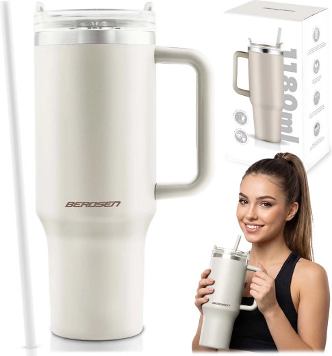 Berdsen thermobeker met rietje 1180 ml crème