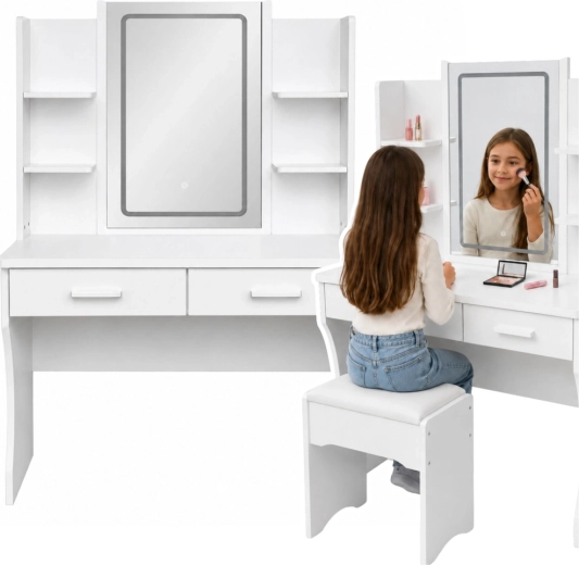Cosmetische kaptafel met LED-spiegel, planken en 2 lades, wit 140 × 80 × 40 cm
