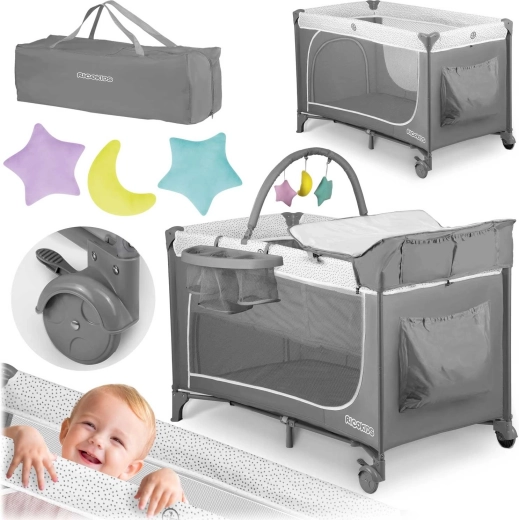 Reis-kinderbed 2-in-1 met matras en verschoontafel, grijs