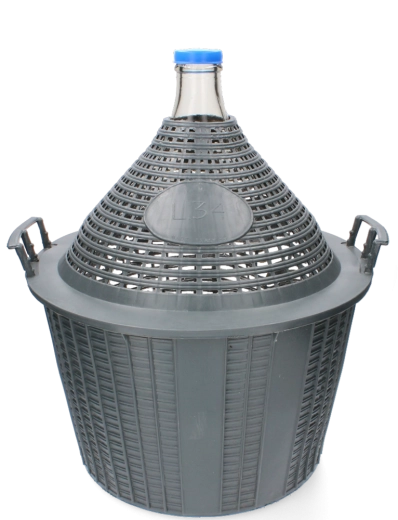 Glazen dame-jeanne 34 l met smalle hals en kunststof mand