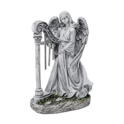 Beeldje engel met harp 26 × 15,5 × 39 cm, grijs