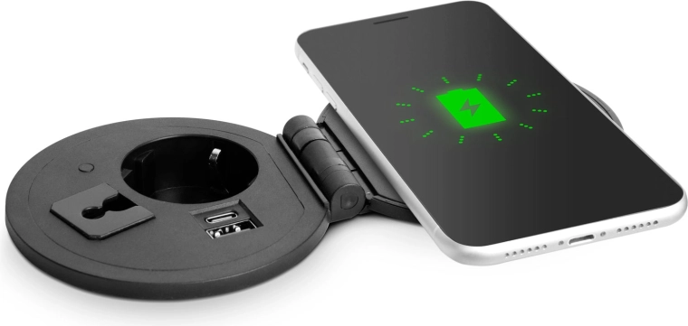 Ingebouwd uitschuifbaar stopcontact met USB, USB-C en draadloos opladen