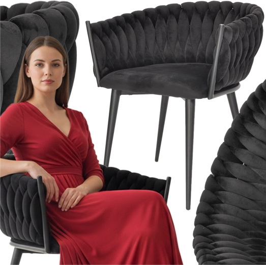 ROSA fauteuil van velours met gebreide rugleuning in zwart