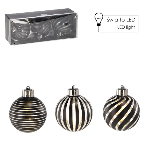 Set van glazen kerstornamenten met zilveren LED-verlichting 8 cm (3 stuks) Chomik