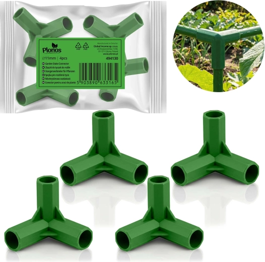 Groene driewegkoppelingen voor tuinstokken 11 mm – set van 4