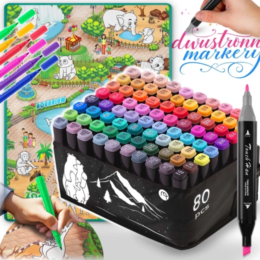 Creatieve set: kleurplaat-onderlegger 90 × 120 cm + 80 alcoholmarkers NUKIDO