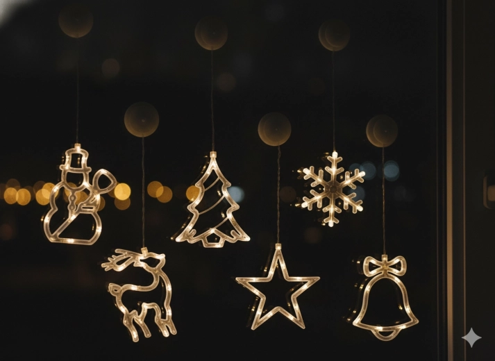 Kerst raam-LED-decoratie met zuignap op batterijen, warm wit, mix van 6 vormen