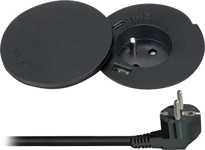 Solight inbouwstopcontact voor in tafel met USB-A/USB-C en draadloos opladen 10 W, draaibaar deksel, zwart - 1 stuk