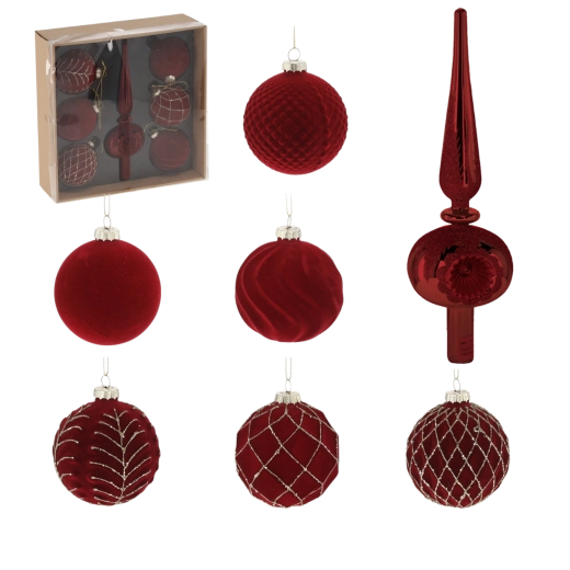 Set van 7 glazen kerstballen in bordeauxrood