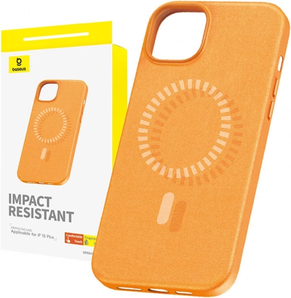 Magnetische hoes BASEUS Fauxther voor iPhone 15 Plus (oranje)