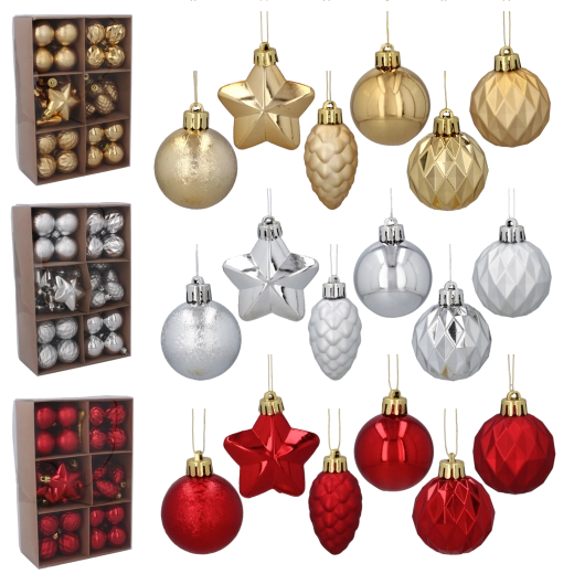 Set van 47 kerstversieringen in rood, goud en zilver (4–6 cm)