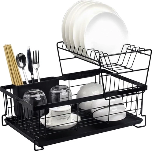 Tweeledig afdruiprek voor servies RUHHY met lekbak en bestekhouder, zwart