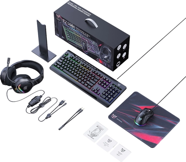 Onikuma gaming set 5-in-1 (toetsenbord, muis, headset met microfoon, muismat, standaard)