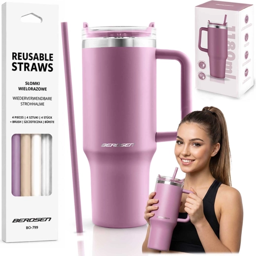 Berdsen vacuüm thermobeker 1180 ml met set rietjes, roze